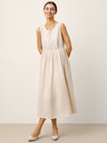100% Linen Sleeveless Crew Neck Waist Pleated Maxi Dress