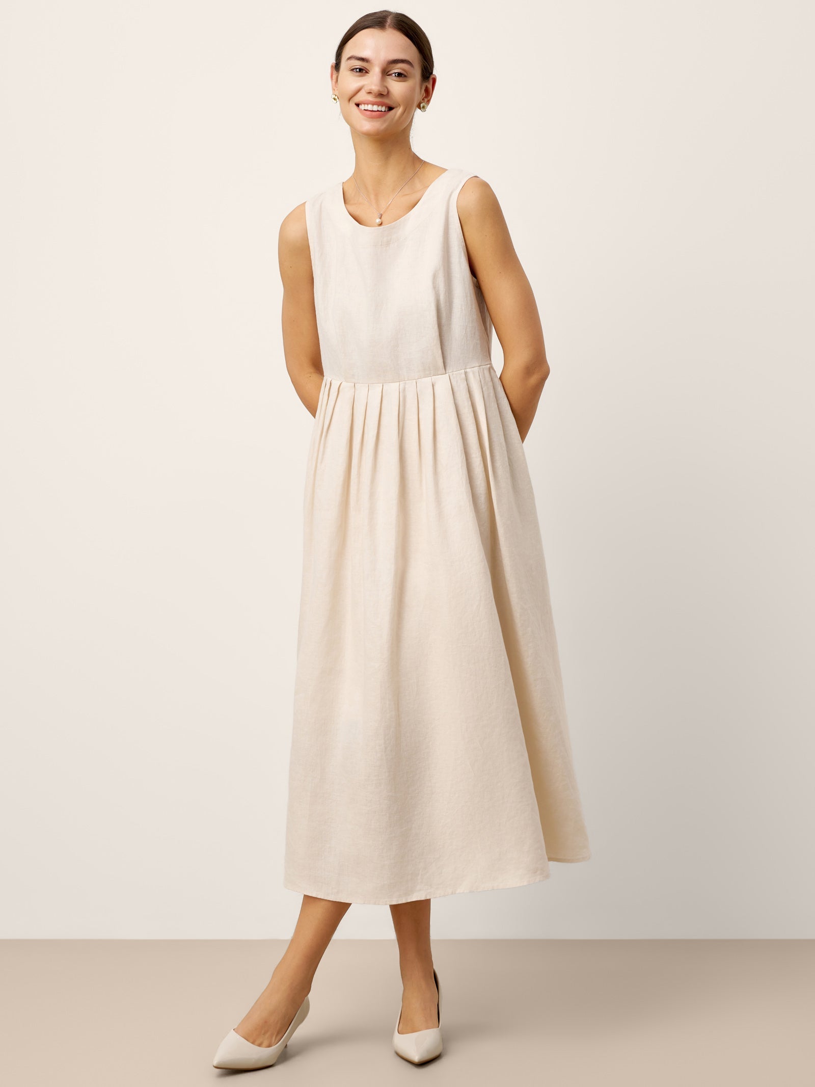 100% Linen Sleeveless Crew Neck Waist Pleated Maxi Dress